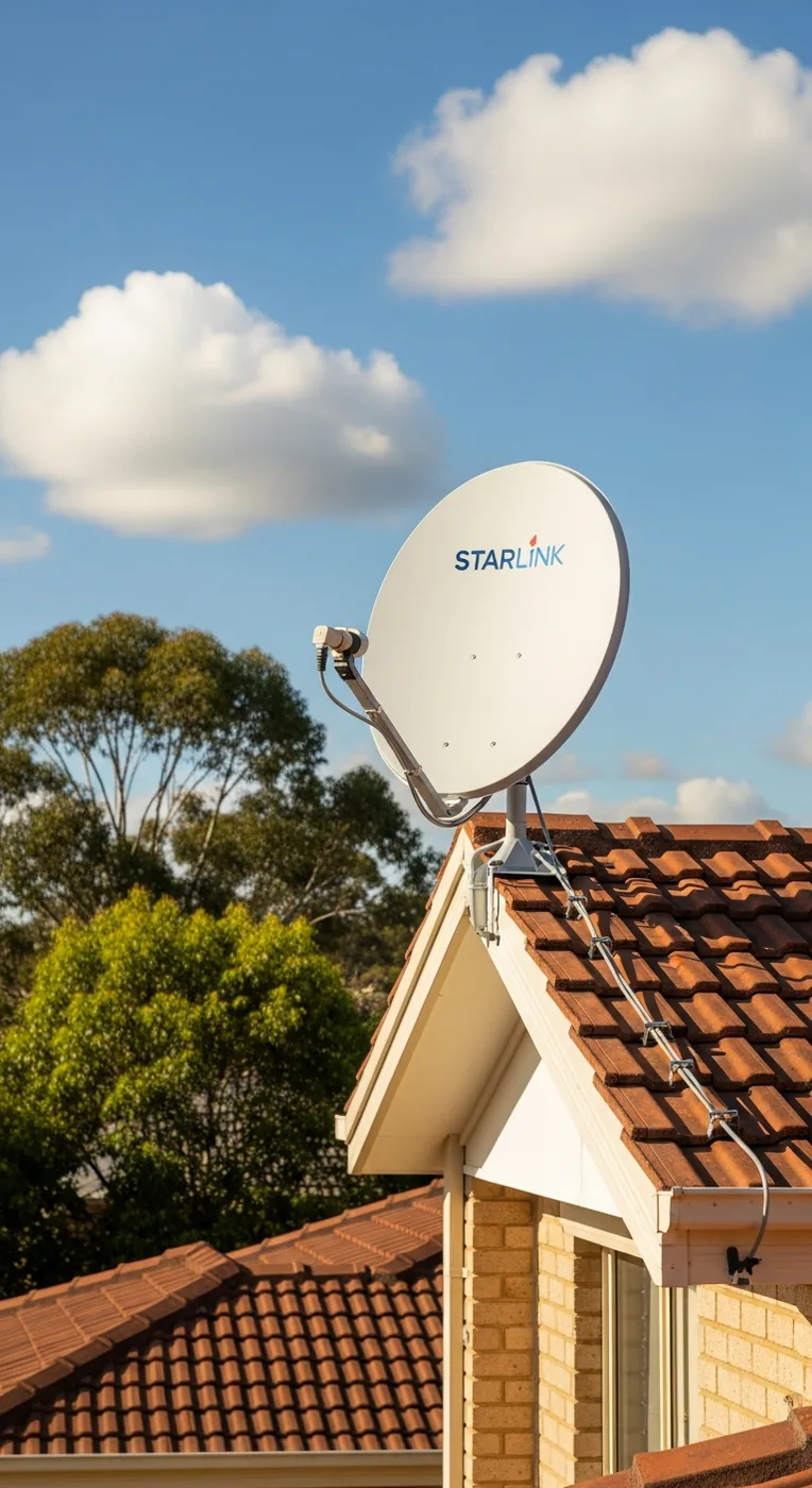 Starlink satellite internet dish professionally mounted on an Australian suburban rooftop pointing at a clear blue sky Starlink satellite internet dish professionally mounted on an Australian suburban rooftop pointing at a clear blue sky