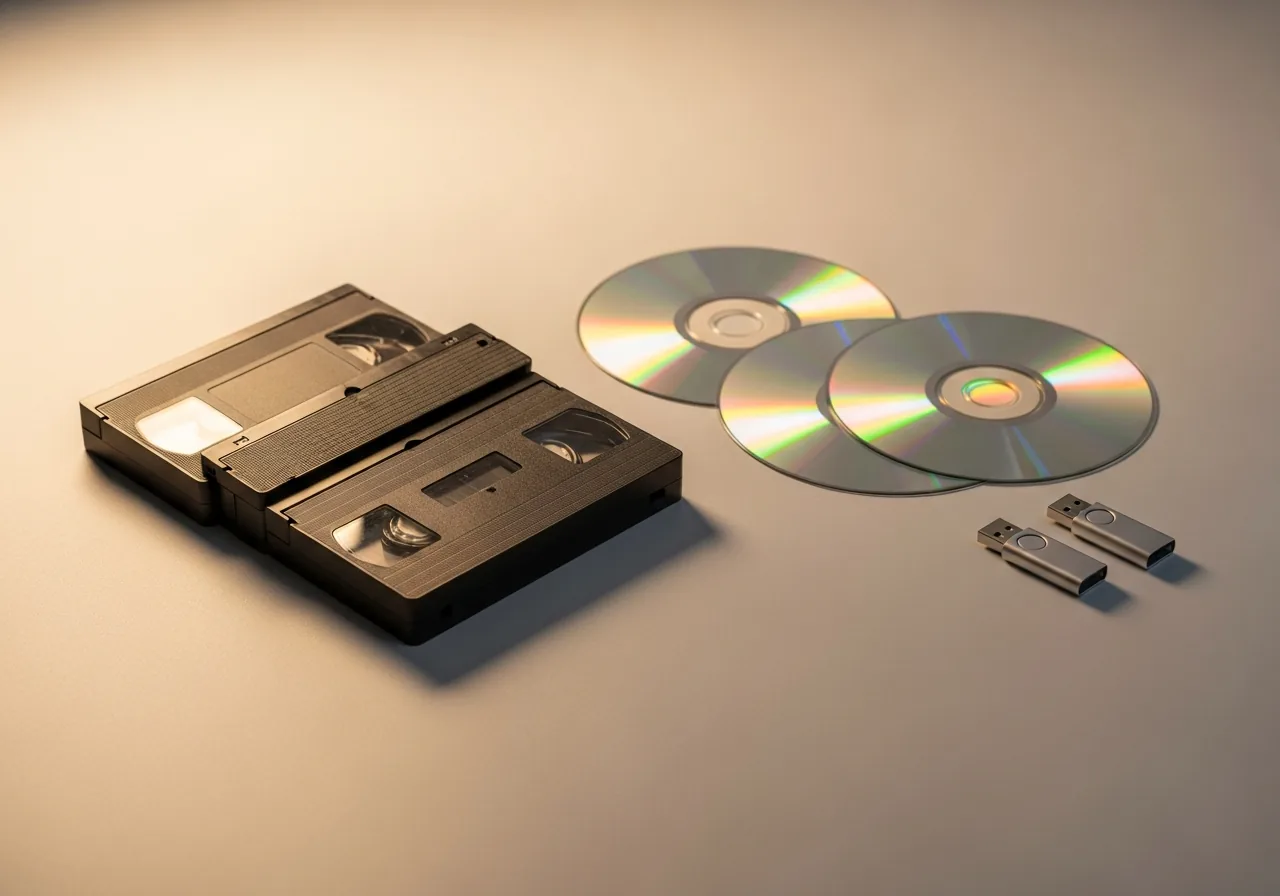 VHS cassette tapes, DVD discs, and USB flash drives arranged on a clean white surface VHS cassette tapes, DVD discs, and USB flash drives arranged on a clean white surface